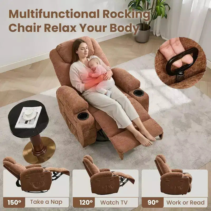 360 Swivel Rocker Recliner Chair w/Massage & Heat, 300Lb Capacity, Pine Frame, Soft Fabric, 35.4d x 39w x 41.3h
