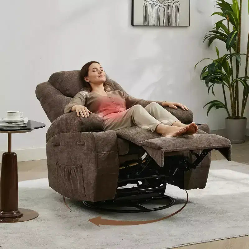360 Swivel Rocker Recliner Chair w/Massage & Heat, 300Lb Capacity, Pine Frame, Soft Fabric, 35.4d x 39w x 41.3h