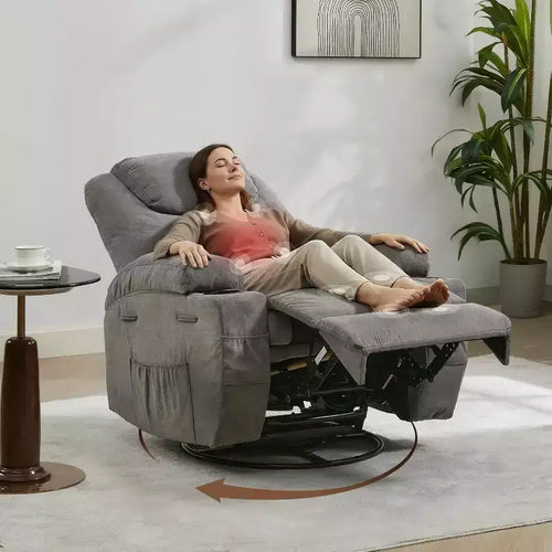360 Swivel Rocker Recliner Chair w/Massage & Heat, 300Lb Capacity, Pine Frame, Soft Fabric, 35.4d x 39w x 41.3h