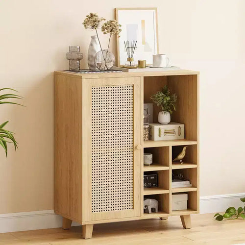JVNOXK 34-inch Medieval-Style Storage Sideboard with Wine Rack Function, Suitable for Home Dining Rooms and Living Rooms, Natural
