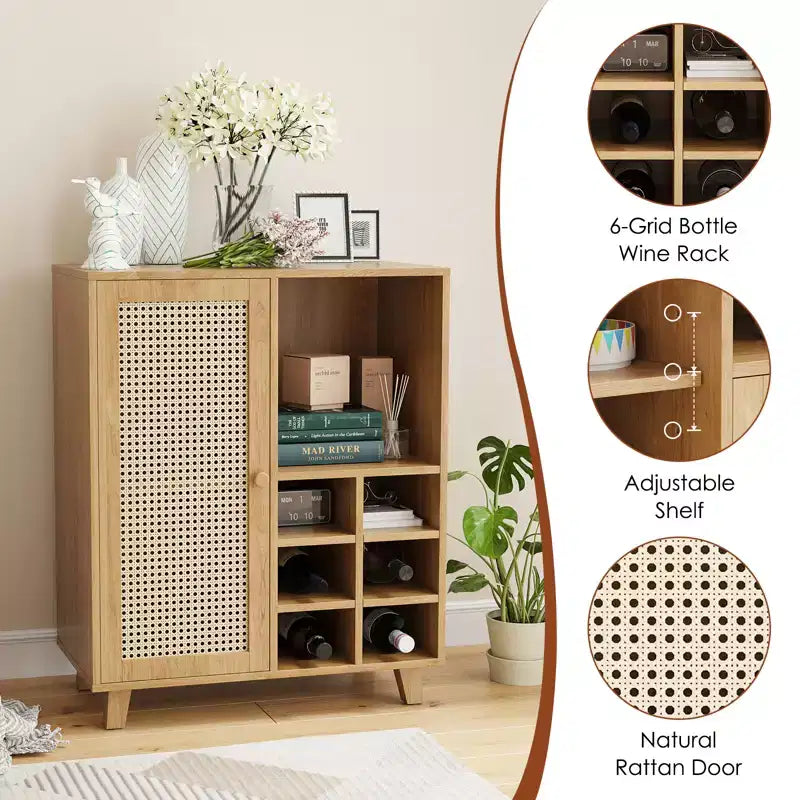 JVNOXK 34-inch Medieval-Style Storage Sideboard with Wine Rack Function, Suitable for Home Dining Rooms and Living Rooms, Natural