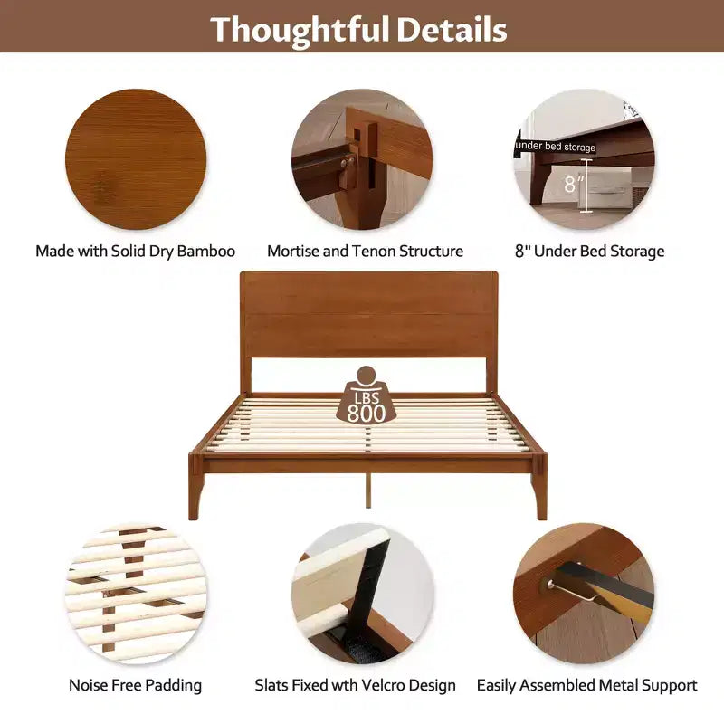GDFStudio Julia 12 Inch Mid-Century Modern Bamboo Platform Bed with Wood Slat Metal Support