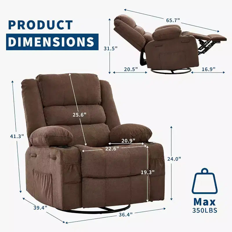 360 Swivel Rocker Recliner Chair for Adults, Rocking Manual Glider Sofa with 3 Positions, 2 Cup Holders, 4 Pockets for Living Room, Bedroom