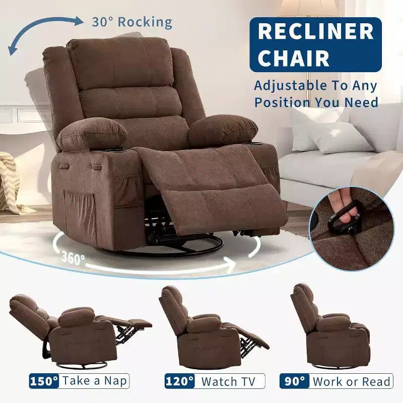360 Swivel Rocker Recliner Chair for Adults, Rocking Manual Glider Sofa with 3 Positions, 2 Cup Holders, 4 Pockets for Living Room, Bedroom