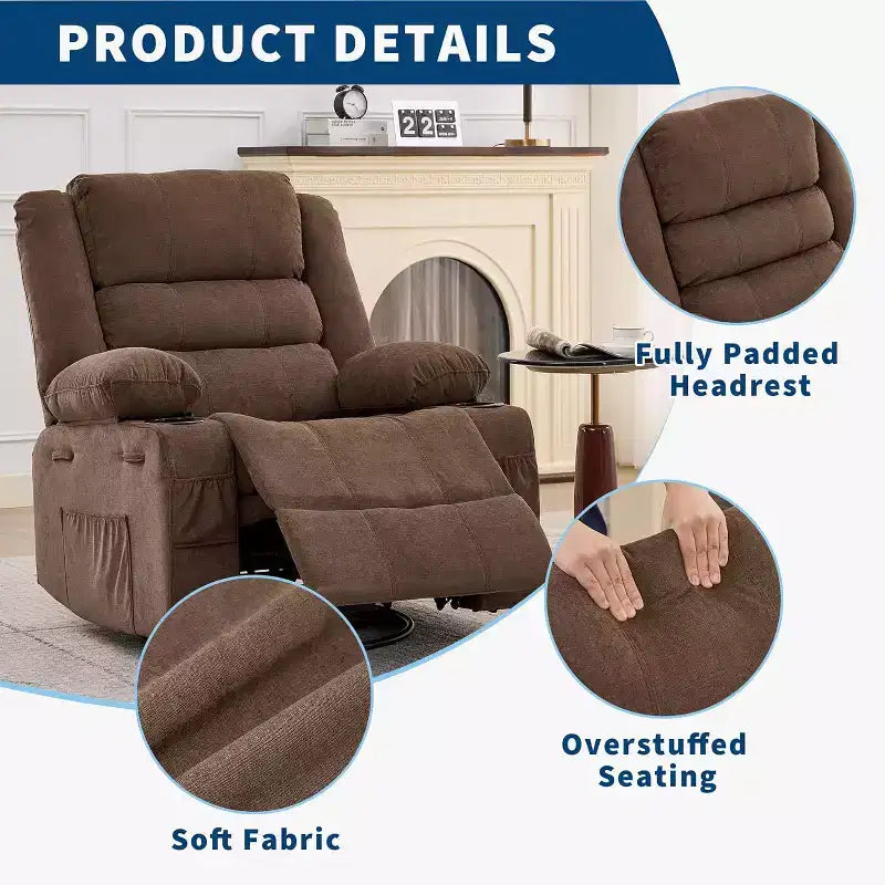 360 Swivel Rocker Recliner Chair for Adults, Rocking Manual Glider Sofa with 3 Positions, 2 Cup Holders, 4 Pockets for Living Room, Bedroom