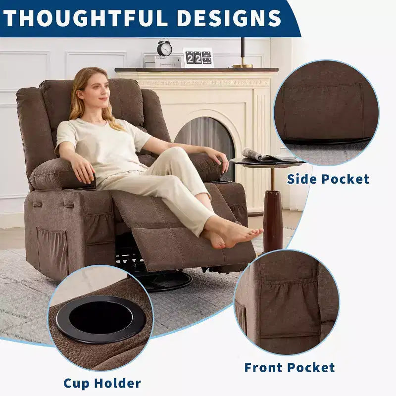 360 Swivel Rocker Recliner Chair for Adults, Rocking Manual Glider Sofa with 3 Positions, 2 Cup Holders, 4 Pockets for Living Room, Bedroom