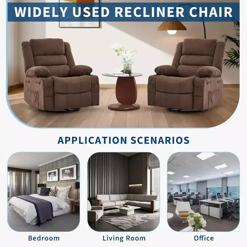 360 Swivel Rocker Recliner Chair for Adults, Rocking Manual Glider Sofa with 3 Positions, 2 Cup Holders, 4 Pockets for Living Room, Bedroom