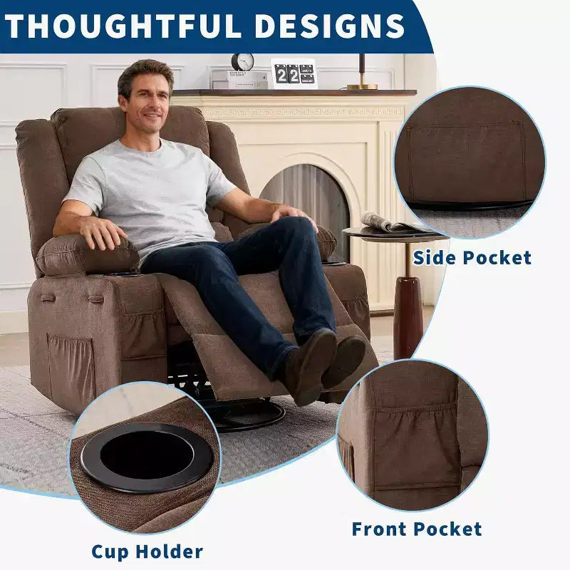 360 Swivel Rocker Recliner Chair for Adults, Rocking Manual Glider Sofa with 3 Positions, 2 Cup Holders, 4 Pockets for Living Room, Bedroom