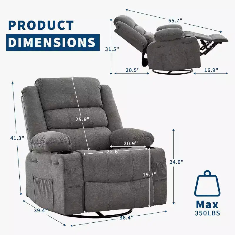 360 Swivel Rocker Recliner Chair for Adults, Rocking Manual Glider Sofa with 3 Positions, 2 Cup Holders, 4 Pockets for Living Room, Bedroom