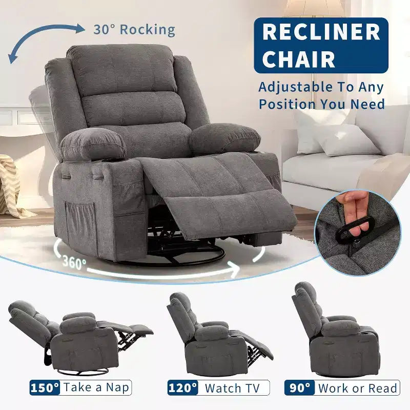 360 Swivel Rocker Recliner Chair for Adults, Rocking Manual Glider Sofa with 3 Positions, 2 Cup Holders, 4 Pockets for Living Room, Bedroom