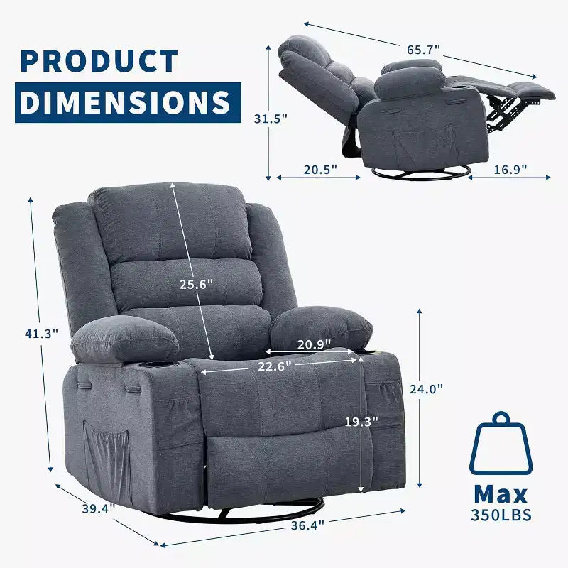 360 Swivel Rocker Recliner Chair for Adults, Rocking Manual Glider Sofa with 3 Positions, 2 Cup Holders, 4 Pockets for Living Room, Bedroom