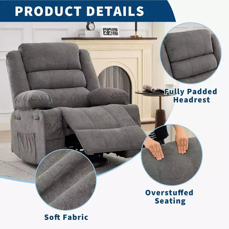 360 Swivel Rocker Recliner Chair for Adults, Rocking Manual Glider Sofa with 3 Positions, 2 Cup Holders, 4 Pockets for Living Room, Bedroom