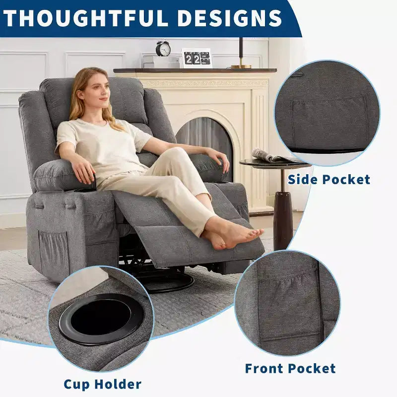 360 Swivel Rocker Recliner Chair for Adults, Rocking Manual Glider Sofa with 3 Positions, 2 Cup Holders, 4 Pockets for Living Room, Bedroom