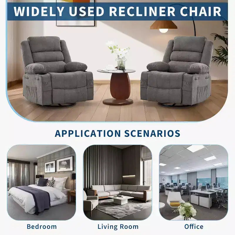 360 Swivel Rocker Recliner Chair for Adults, Rocking Manual Glider Sofa with 3 Positions, 2 Cup Holders, 4 Pockets for Living Room, Bedroom
