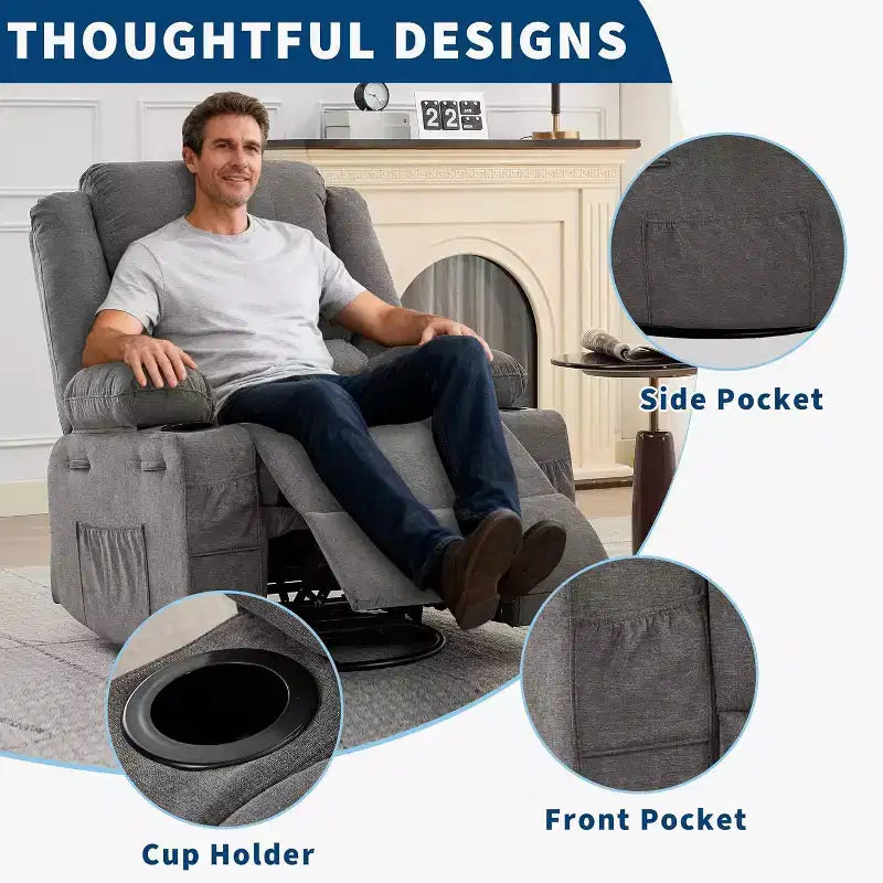 360 Swivel Rocker Recliner Chair for Adults, Rocking Manual Glider Sofa with 3 Positions, 2 Cup Holders, 4 Pockets for Living Room, Bedroom
