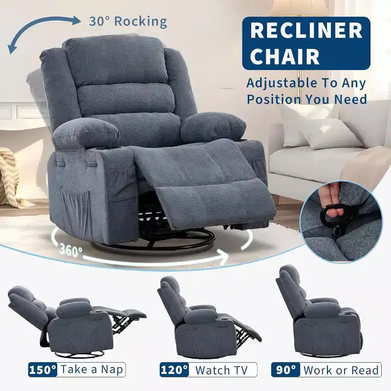 360 Swivel Rocker Recliner Chair for Adults, Rocking Manual Glider Sofa with 3 Positions, 2 Cup Holders, 4 Pockets for Living Room, Bedroom