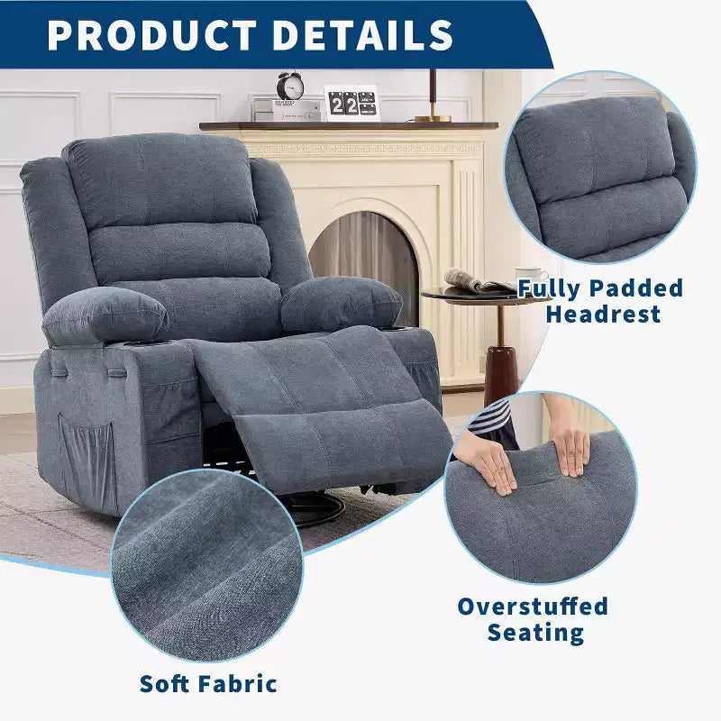 360 Swivel Rocker Recliner Chair for Adults, Rocking Manual Glider Sofa with 3 Positions, 2 Cup Holders, 4 Pockets for Living Room, Bedroom