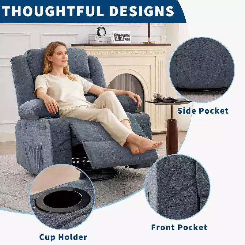 360 Swivel Rocker Recliner Chair for Adults, Rocking Manual Glider Sofa with 3 Positions, 2 Cup Holders, 4 Pockets for Living Room, Bedroom