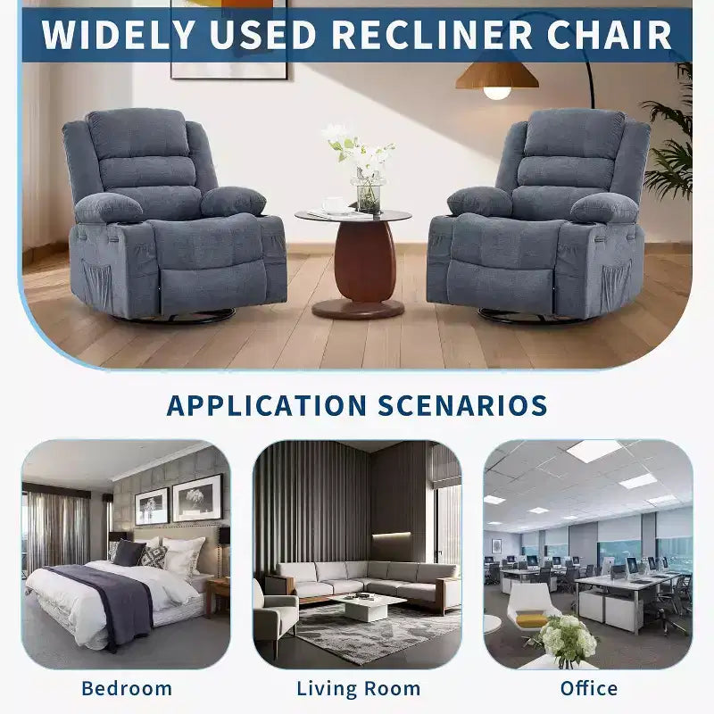 360 Swivel Rocker Recliner Chair for Adults, Rocking Manual Glider Sofa with 3 Positions, 2 Cup Holders, 4 Pockets for Living Room, Bedroom