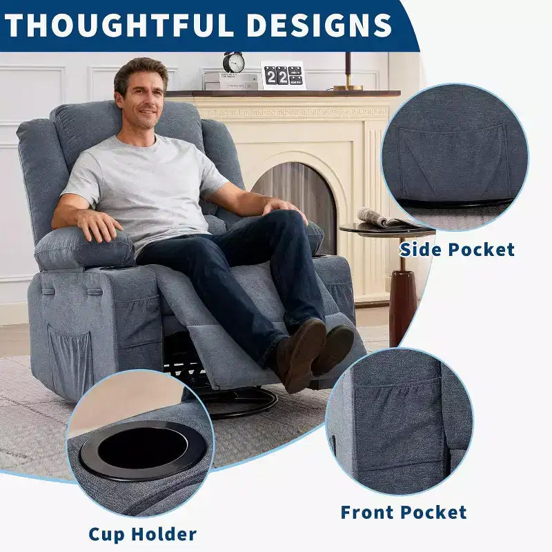 360 Swivel Rocker Recliner Chair for Adults, Rocking Manual Glider Sofa with 3 Positions, 2 Cup Holders, 4 Pockets for Living Room, Bedroom