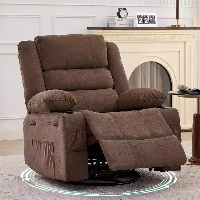 360 Swivel Rocker Recliner Chair for Adults, Rocking Manual Glider Sofa with 3 Positions, 2 Cup Holders, 4 Pockets for Living Room, Bedroom