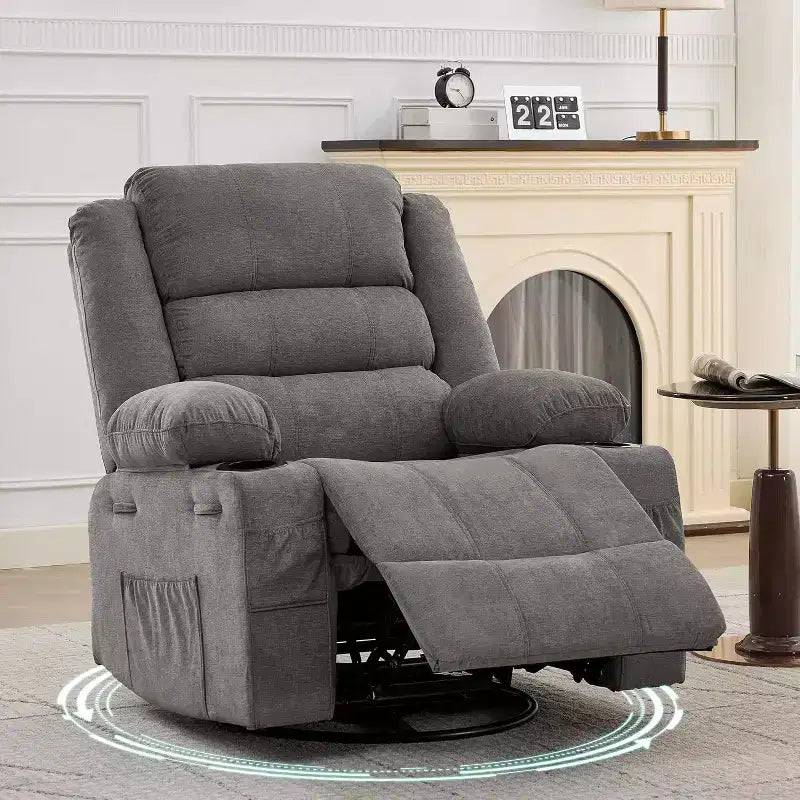 360 Swivel Rocker Recliner Chair for Adults, Rocking Manual Glider Sofa with 3 Positions, 2 Cup Holders, 4 Pockets for Living Room, Bedroom