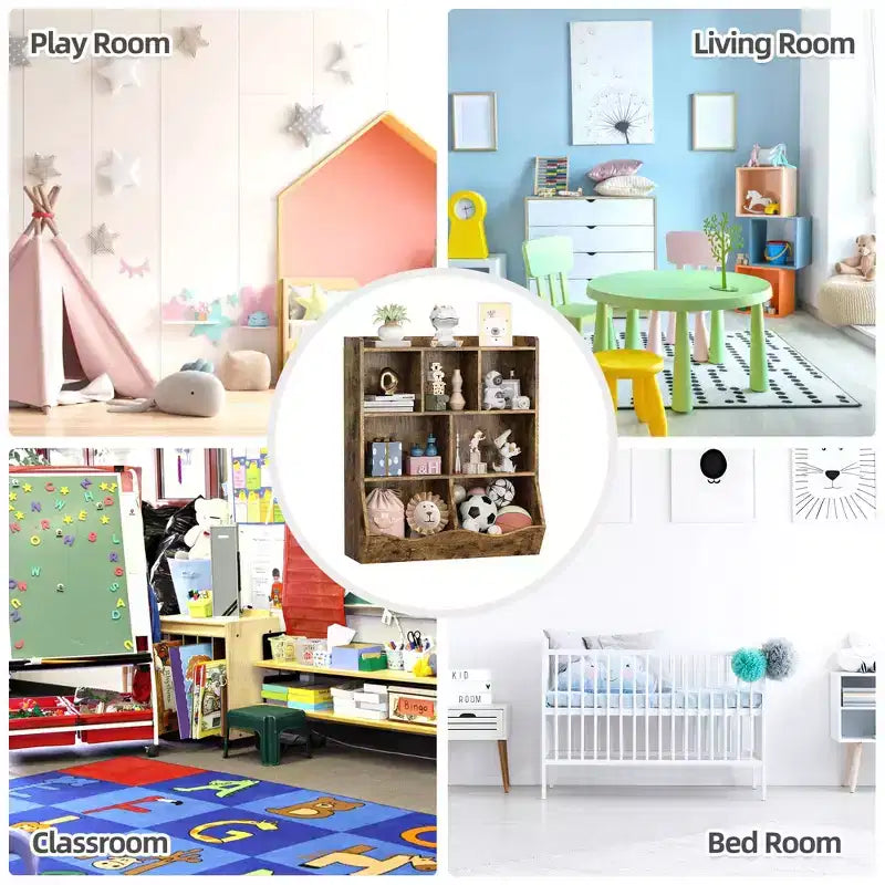 COZONY Set of 2 Kids Bookshelf and Toy Storage Unit, 3-Tier Wooden Freestanding Bookcase with 7 Compartments for Bedroom, Playroom, Nursery