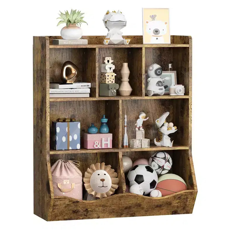 COZONY Set of 2 Kids Bookshelf and Toy Storage Unit, 3-Tier Wooden Freestanding Bookcase with 7 Compartments for Bedroom, Playroom, Nursery