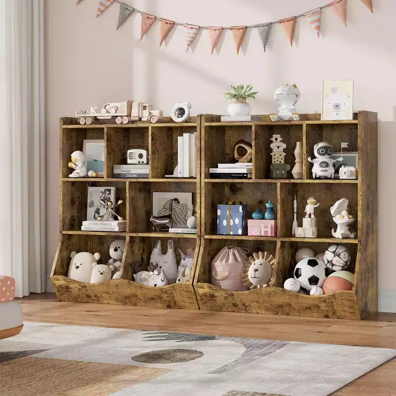 COZONY Set of 2 Kids Bookshelf and Toy Storage Unit, 3-Tier Wooden Freestanding Bookcase with 7 Compartments for Bedroom, Playroom, Nursery