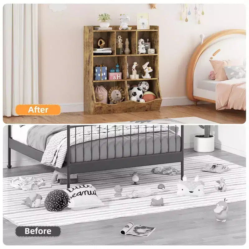 COZONY Set of 2 Kids Bookshelf and Toy Storage Unit, 3-Tier Wooden Freestanding Bookcase with 7 Compartments for Bedroom, Playroom, Nursery
