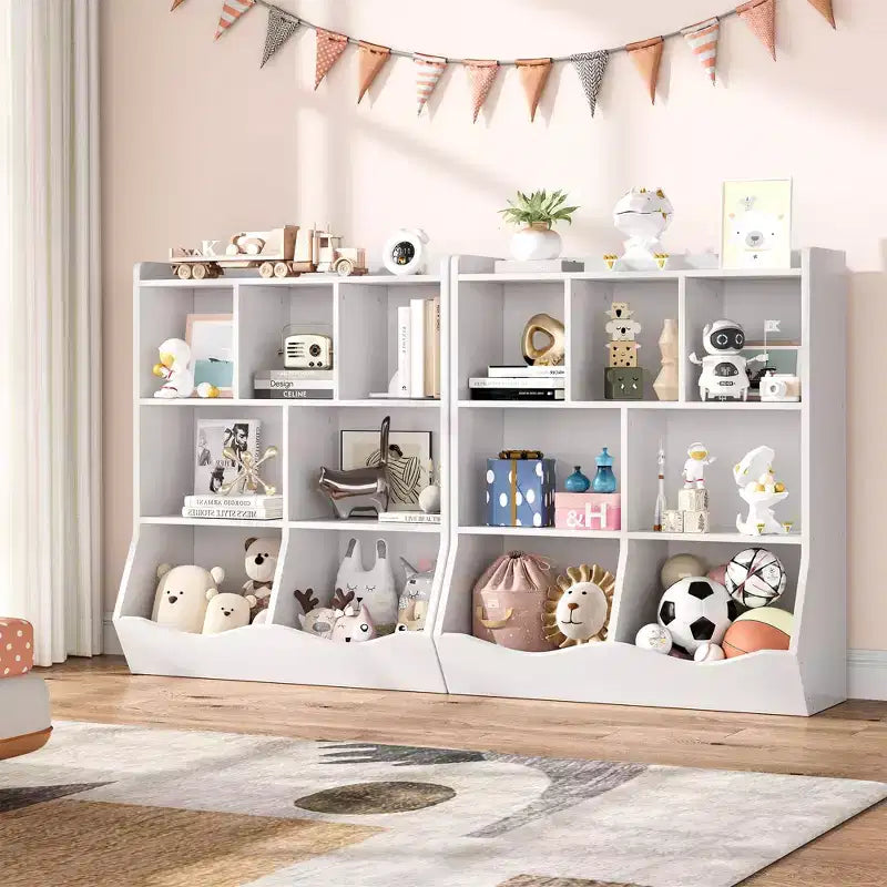 COZONY Set of 2 Kids Bookshelf and Toy Storage Unit, 3-Tier Wooden Freestanding Bookcase with 7 Compartments for Bedroom, Playroom, Nursery