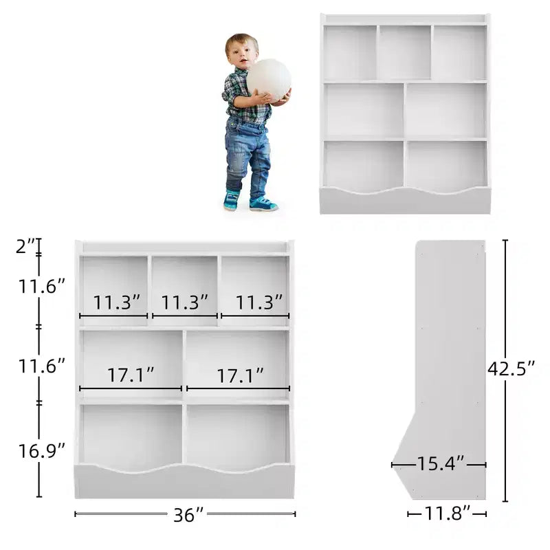 COZONY Set of 2 Kids Bookshelf and Toy Storage Unit, 3-Tier Wooden Freestanding Bookcase with 7 Compartments for Bedroom, Playroom, Nursery