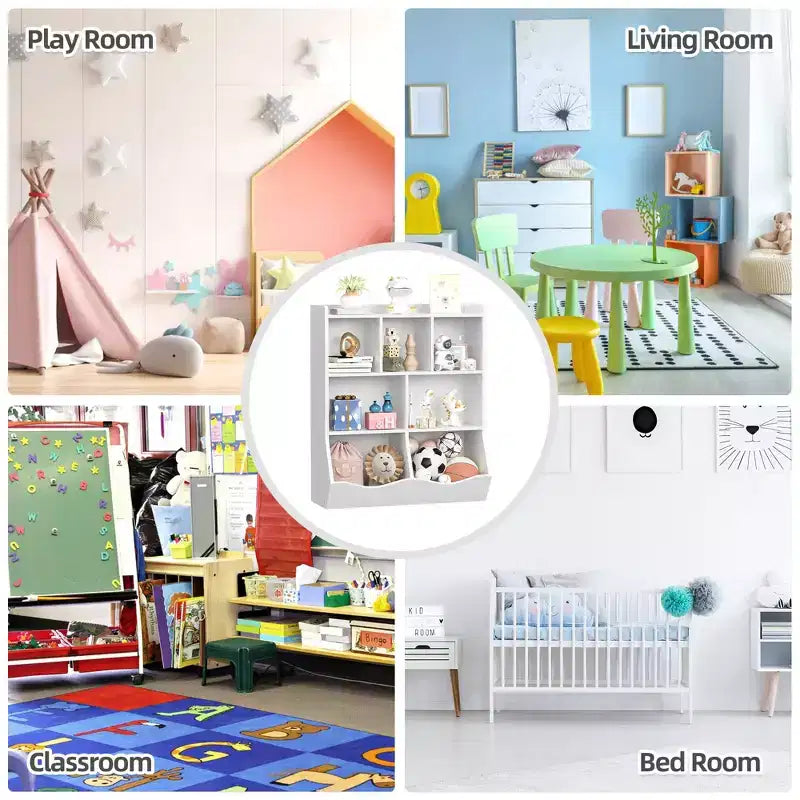 COZONY Set of 2 Kids Bookshelf and Toy Storage Unit, 3-Tier Wooden Freestanding Bookcase with 7 Compartments for Bedroom, Playroom, Nursery