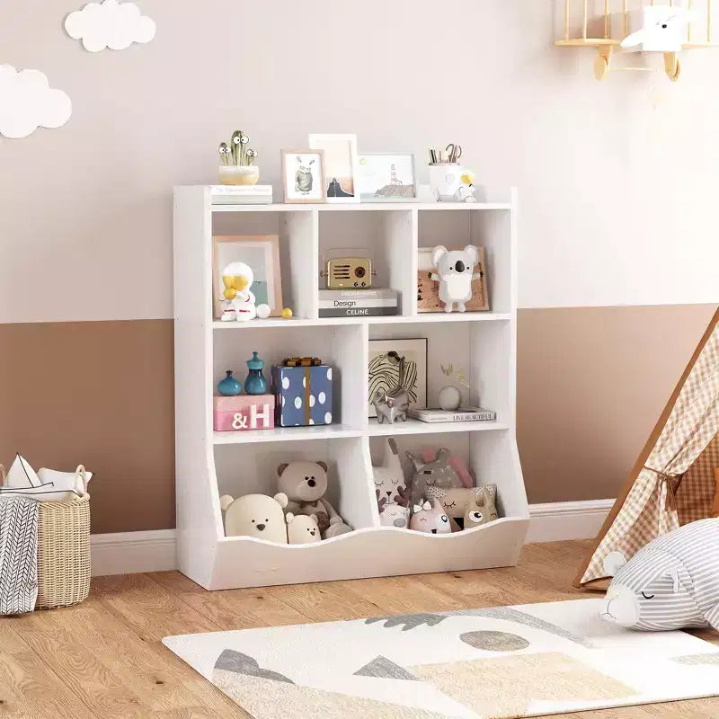 COZONY Set of 2 Kids Bookshelf and Toy Storage Unit, 3-Tier Wooden Freestanding Bookcase with 7 Compartments for Bedroom, Playroom, Nursery