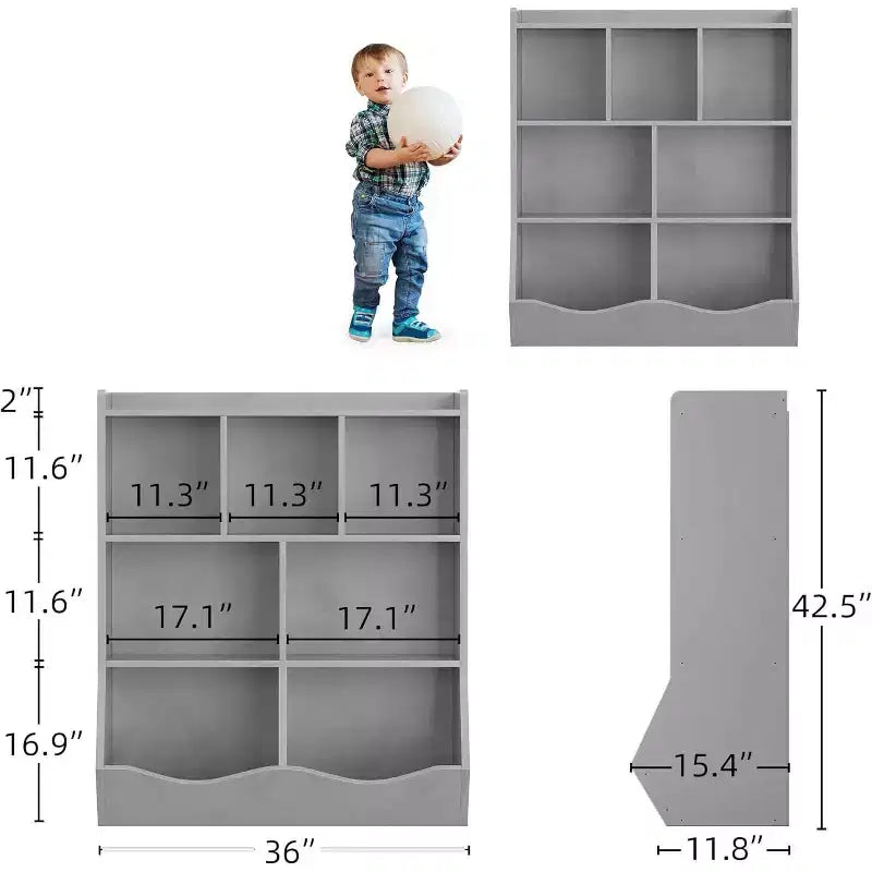 COZONY Set of 2 Kids Bookshelf and Toy Storage Unit, 3-Tier Wooden Freestanding Bookcase with 7 Compartments for Bedroom, Playroom, Nursery