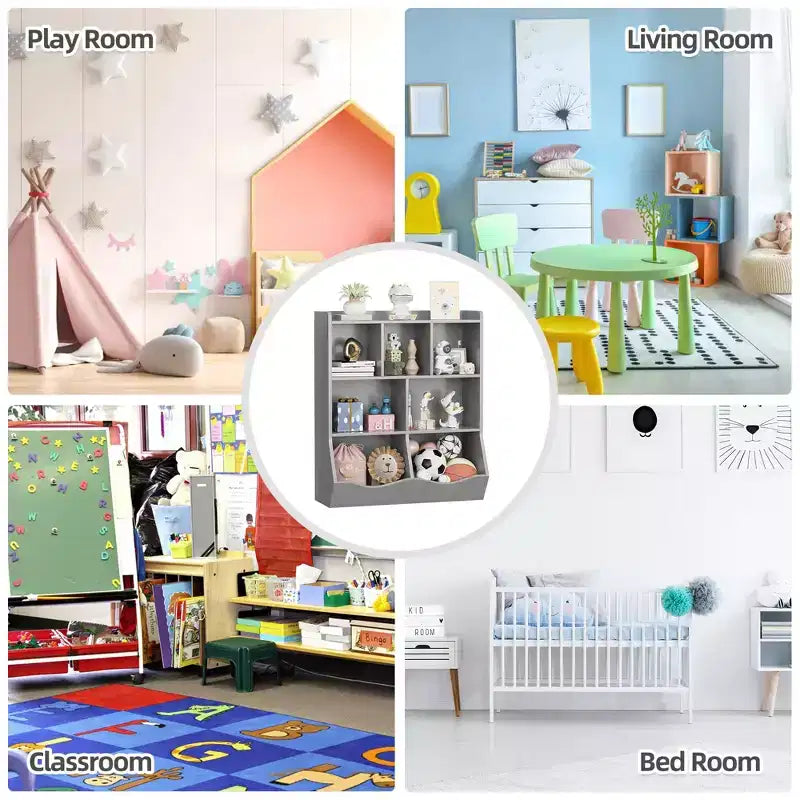 COZONY Set of 2 Kids Bookshelf and Toy Storage Unit, 3-Tier Wooden Freestanding Bookcase with 7 Compartments for Bedroom, Playroom, Nursery