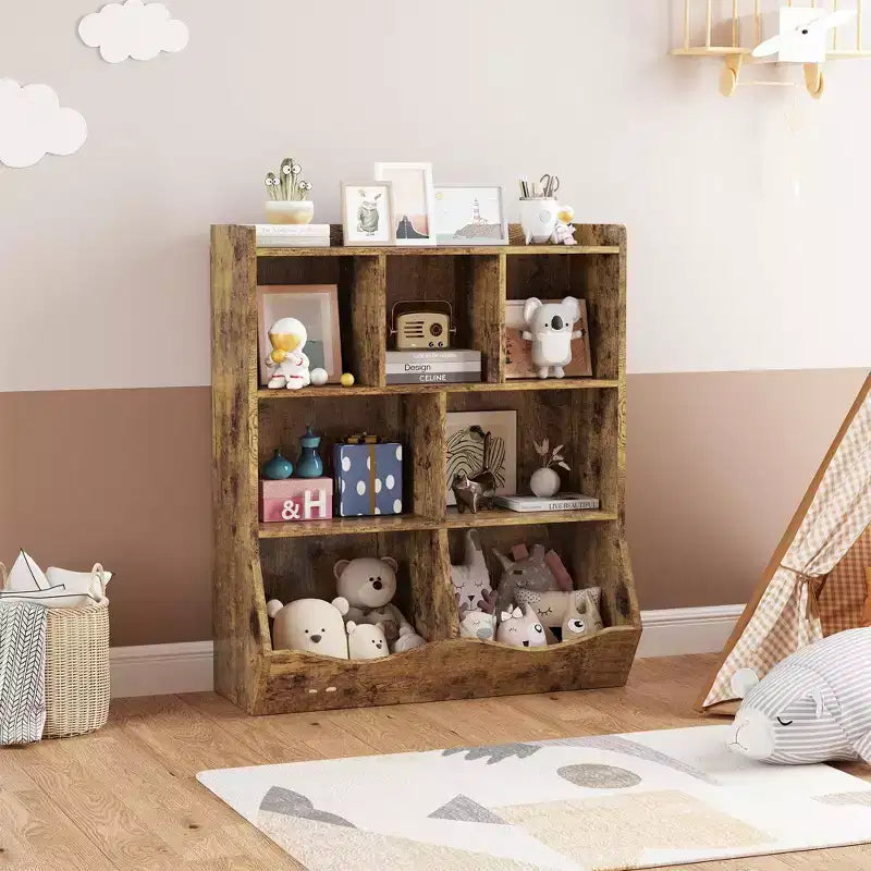 COZONY Set of 2 Kids Bookshelf and Toy Storage Unit, 3-Tier Wooden Freestanding Bookcase with 7 Compartments for Bedroom, Playroom, Nursery