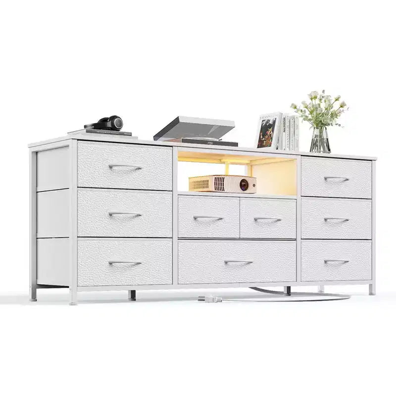 55 Inch Wide White TV Stand Dresser 9 Drawers with Power Outlets LED Lights Media Console for 65 Inch TV Bedroom Storage Chest Entertainment Center