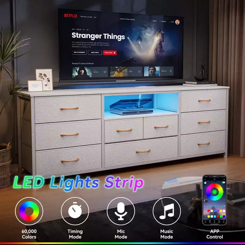 55 Inch Wide White TV Stand Dresser 9 Drawers with Power Outlets LED Lights Media Console for 65 Inch TV Bedroom Storage Chest Entertainment Center