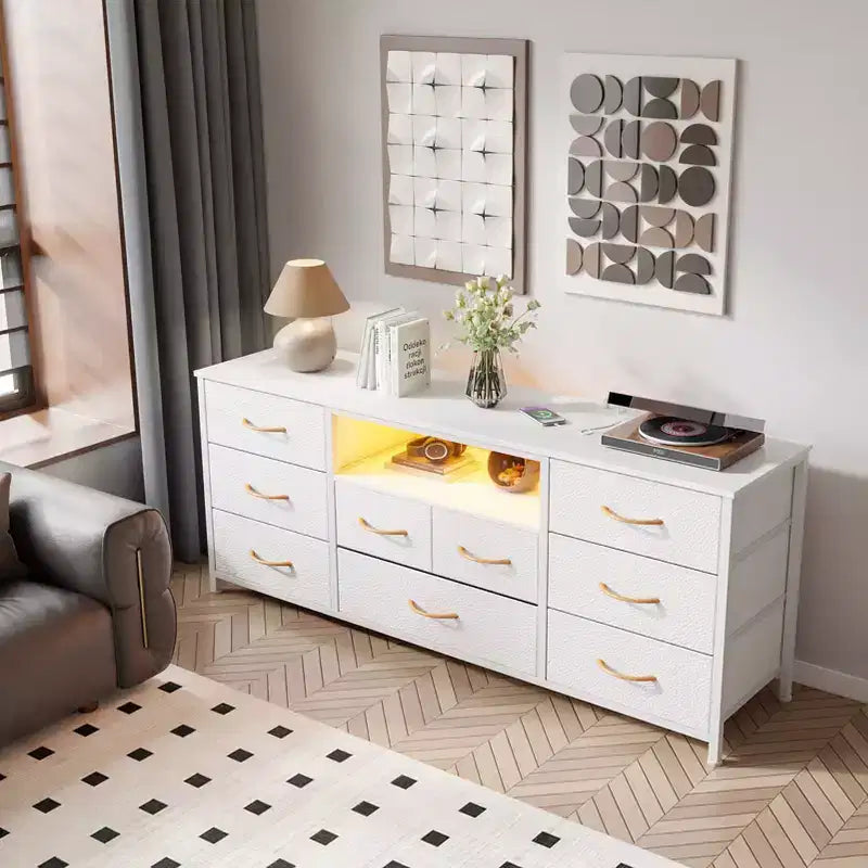 55 Inch Wide White TV Stand Dresser 9 Drawers with Power Outlets LED Lights Media Console for 65 Inch TV Bedroom Storage Chest Entertainment Center