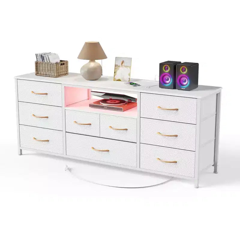 55 Inch Wide White TV Stand Dresser 9 Drawers with Power Outlets LED Lights Media Console for 65 Inch TV Bedroom Storage Chest Entertainment Center