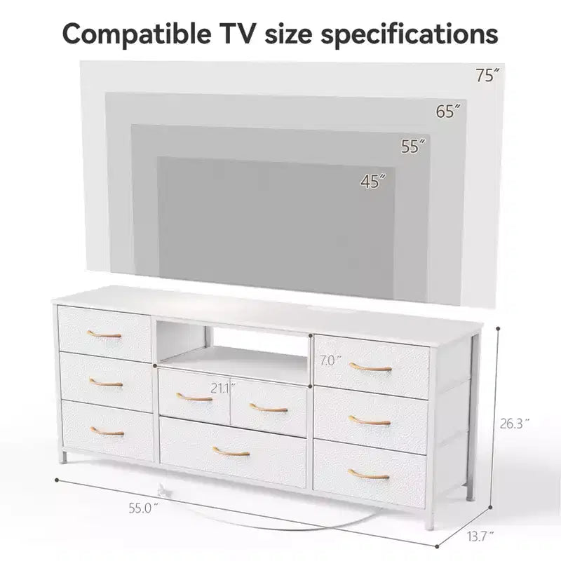 55 Inch Wide White TV Stand Dresser 9 Drawers with Power Outlets LED Lights Media Console for 65 Inch TV Bedroom Storage Chest Entertainment Center
