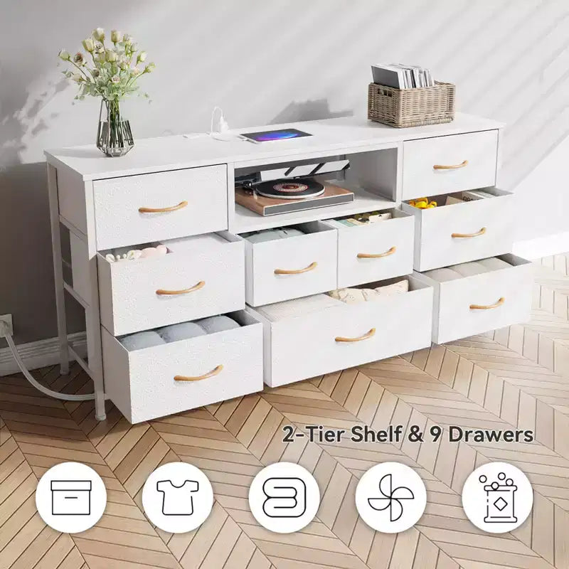 55 Inch Wide White TV Stand Dresser 9 Drawers with Power Outlets LED Lights Media Console for 65 Inch TV Bedroom Storage Chest Entertainment Center