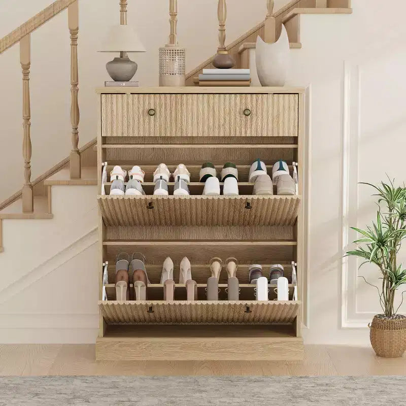 COZONY 42 Fluted Shoe Storage Cabinet with 2 Flip Drawers & Top Drawer, Narrow Wooden Organizer for Entryway