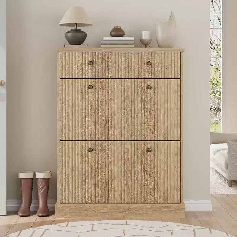 COZONY 42 Fluted Shoe Storage Cabinet with 2 Flip Drawers & Top Drawer, Narrow Wooden Organizer for Entryway