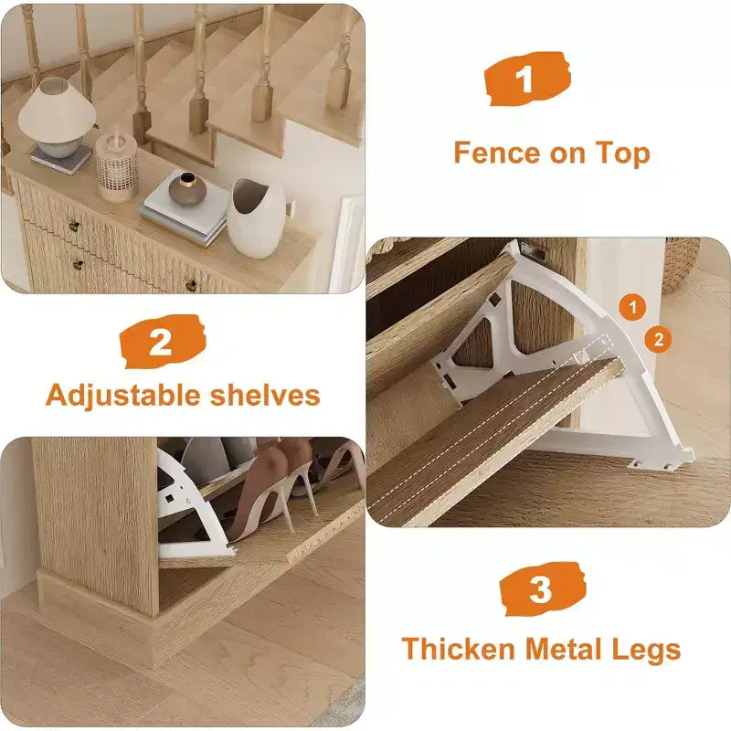 COZONY 42 Fluted Shoe Storage Cabinet with 2 Flip Drawers & Top Drawer, Narrow Wooden Organizer for Entryway
