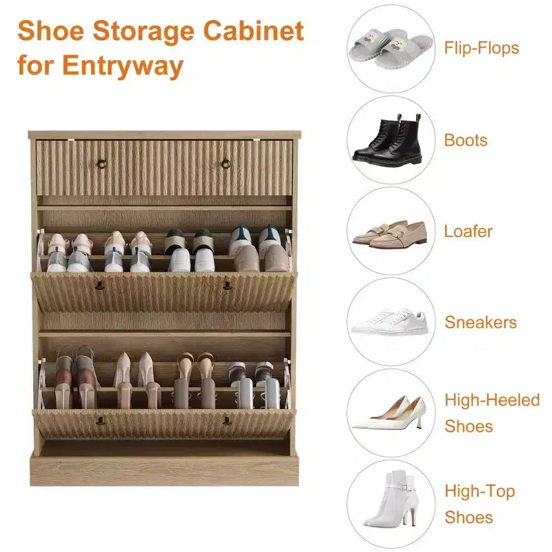 COZONY 42 Fluted Shoe Storage Cabinet with 2 Flip Drawers & Top Drawer, Narrow Wooden Organizer for Entryway