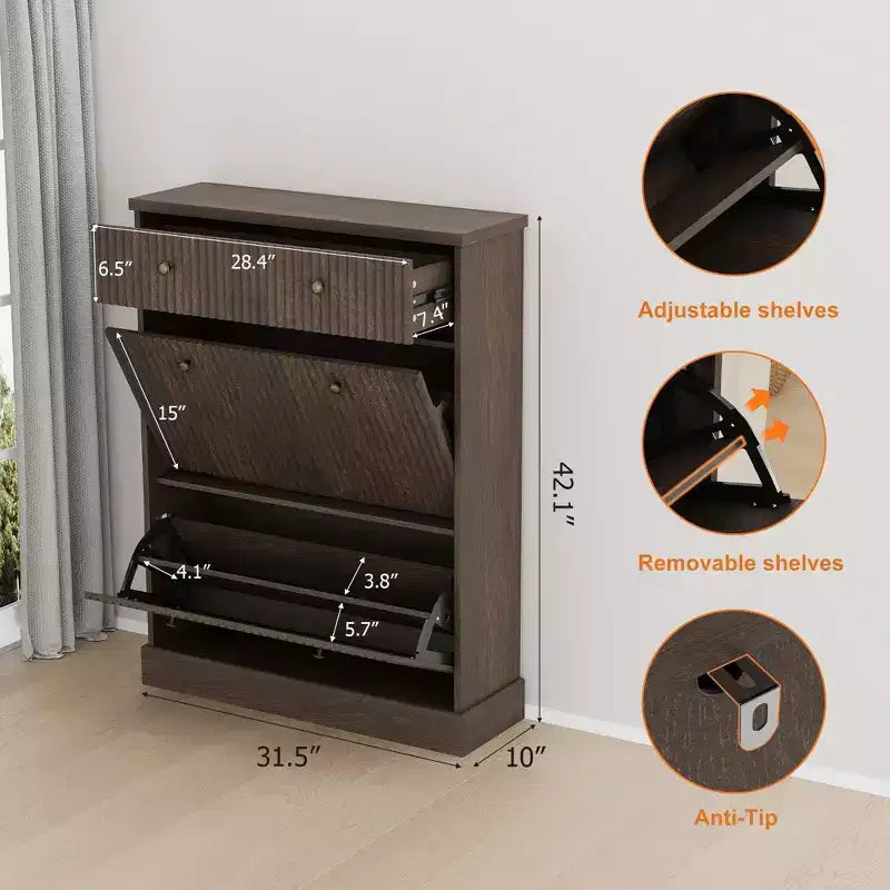COZONY 42 Fluted Shoe Storage Cabinet with 2 Flip Drawers & Top Drawer, Narrow Wooden Organizer for Entryway