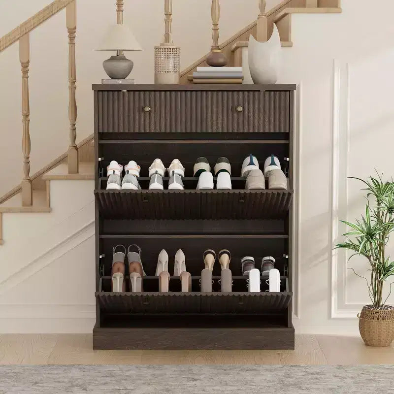 COZONY 42 Fluted Shoe Storage Cabinet with 2 Flip Drawers & Top Drawer, Narrow Wooden Organizer for Entryway