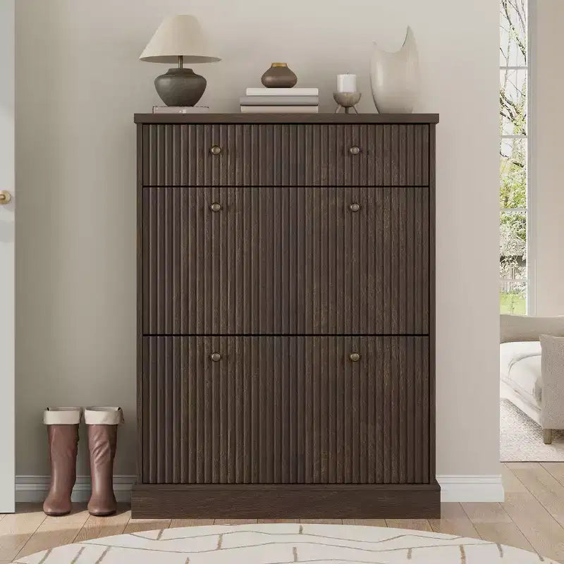 COZONY 42 Fluted Shoe Storage Cabinet with 2 Flip Drawers & Top Drawer, Narrow Wooden Organizer for Entryway
